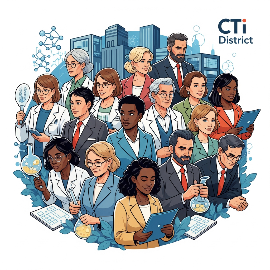 Ilustración de profesionales del ecosistema CTi, incluyendo científicos, tecnólogos y líderes del conocimiento