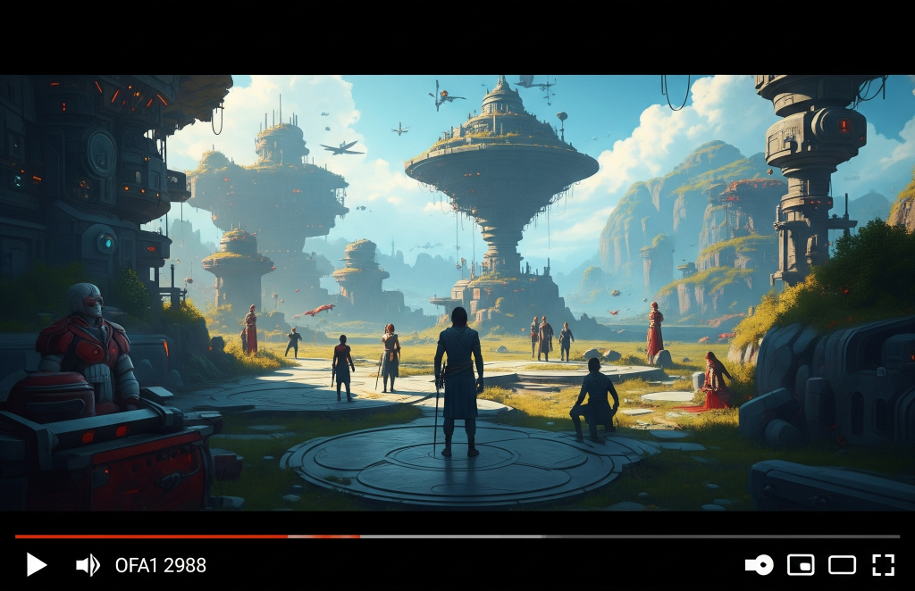 Escena futurista generada por inteligencia artificial: civilizaciones avanzadas en un entorno natural con arquitectura flotante y personajes diversos en interacción.